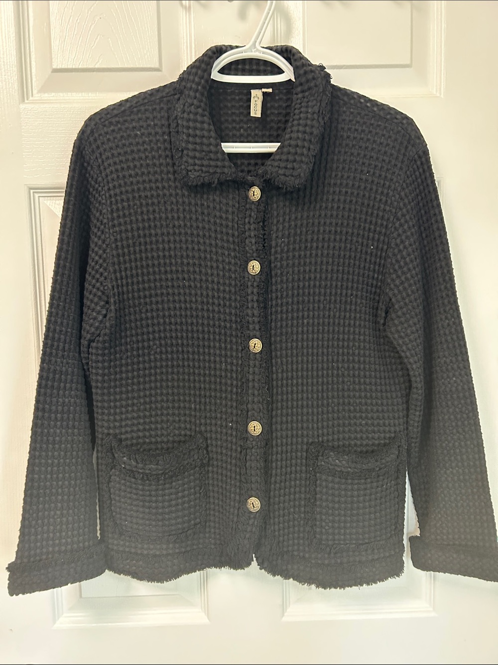 Focus Waffle waffle knit Button-Front Women's Sweater Jacket - Black